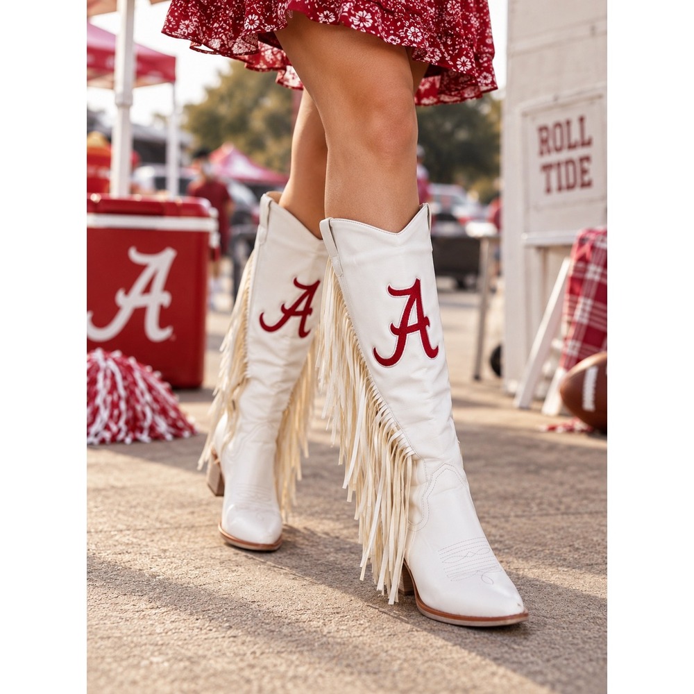 Alabama Crimson Tide White Fringe Cowboy Boots Women's 8 Game Day Western Tall
